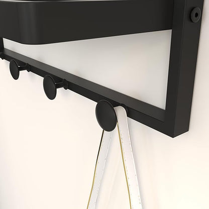 Black Entryway Mirror with Hooks, 26" X 30" Wall Mirror with Hooks, Bathroom Mirror with Shelf, Rectangular Framed Wall Mirror with Shelf and Hooks