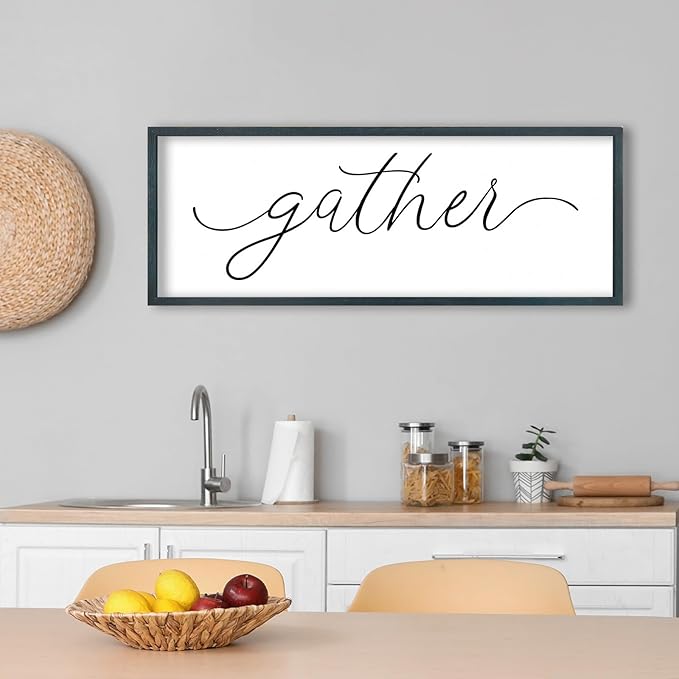 FZMHASLWW Gather Sign Wall Decor 40"×15" Large Wooden Framed for Dining Room Simple Home Kitchen Hanging Art (Black)