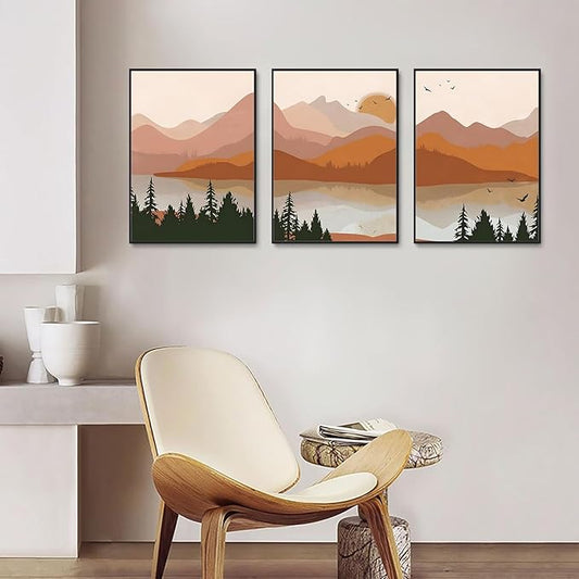 Bwodke Framed Mountain Wall Art Nature Landscape Watercolor Sun Forest Canvas Picture Prints Set of 3 Artwork Painting Home Wall Decor for Living Room Bedroom Office, Orange