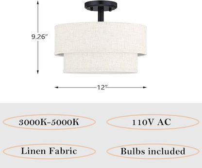 12 Inch LED 18W Adjustable 3000/4000/5000 Black Double Drum Linen Fabric Shade Semi Flush Mount Close to Ceiling Light Fixture for Bedroom,Living Room,Dining Room Hallway