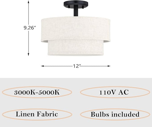 12 Inch LED 18W Adjustable 3000/4000/5000 Black Double Drum Linen Fabric Shade Semi Flush Mount Close to Ceiling Light Fixture for Bedroom,Living Room,Dining Room Hallway