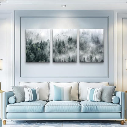 MHARTK66 Wall Decor Living Room Large Size Canvas Wall Art For Bedroom Foggy Forest Trees Landscape Wall Painting Office Decor Wall Decorations Ready To Hang Framed Wall Pictures Home Decor 3 Pieces