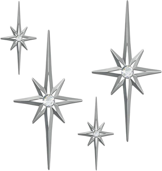 sxnzequnze 4 Pack Metal Star Wall Art 8 Pointed Starburst Wall Decor Set with 2 Large & 2 Small Pieces Mid Century Celestial Metal Wall Sculpture for Bedroom Living Room Office Gallery Wall