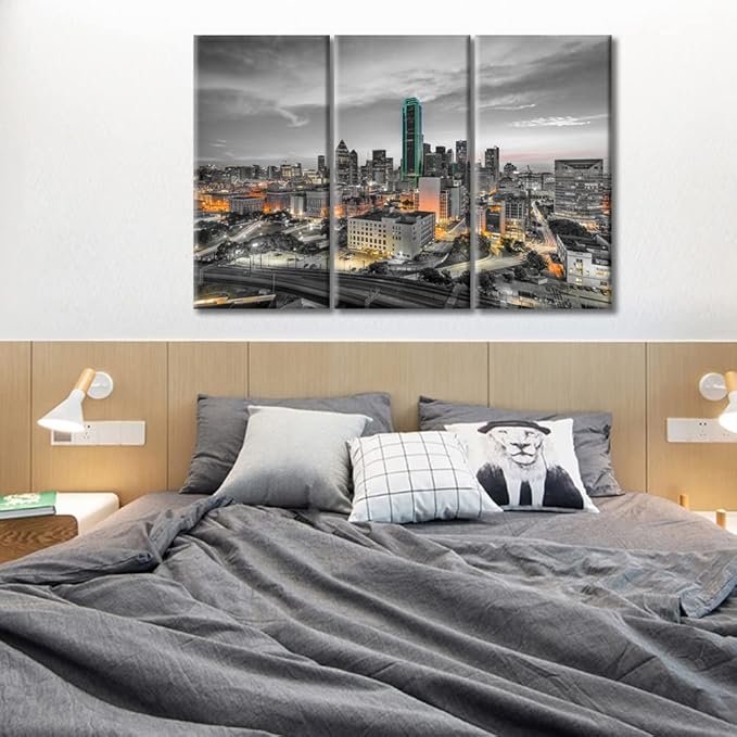TUMOVO Dallas Texas USA Downtown Skyline Modern Home Decor 3 Panels Skyscrapers Nighttime Lightscape Pictures Canvas Wall Art for Bedroom, Living Room, Office. Ready to Hang (60" Wx40 H)