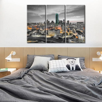 TUMOVO Dallas Texas USA Downtown Skyline Modern Home Decor 3 Panels Skyscrapers Nighttime Lightscape Pictures Canvas Wall Art for Bedroom, Living Room, Office. Ready to Hang (60" Wx40 H)