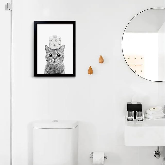 Toilet Paper Prints - Cute Cat Wall Decor - Funny Black and White Bathroom Pictures Canvas Art - Home Decor for Bathroom