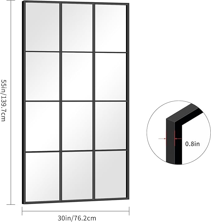 Rectangle Window Mirror Wall Mounted, 30"×55" Window Pane Mirror Wall Decor Metal Framed, Large Black Mirror for Bedroom Living Room Fireplace Entryway Hanging or Leaning Against Wall