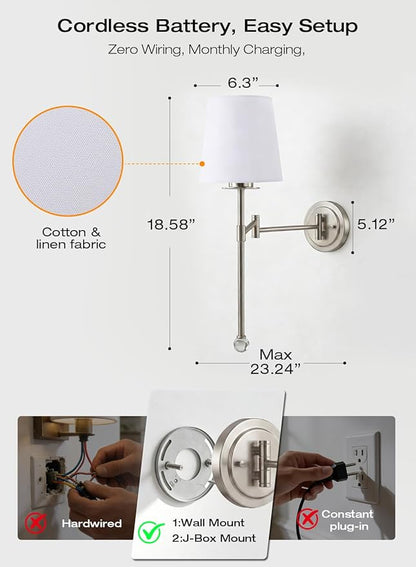 CLOUDY BAY 10000mAh Battery Operated Wall Sconces,Up to 100 Hours with Rechargeable RGB Dimmable Magnetic Bulb,Cordless Wall Lighting Fixtures with Remote for Bedroom,Brushed Nickel,2 Pack-18.6inch