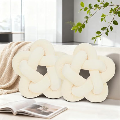 2 Piece Knot Pillows, Ivory Throw Pillows Knotted Star Cushion Decorative Plush Pillow for Bedroom Living Room, Ivory 12.59"
