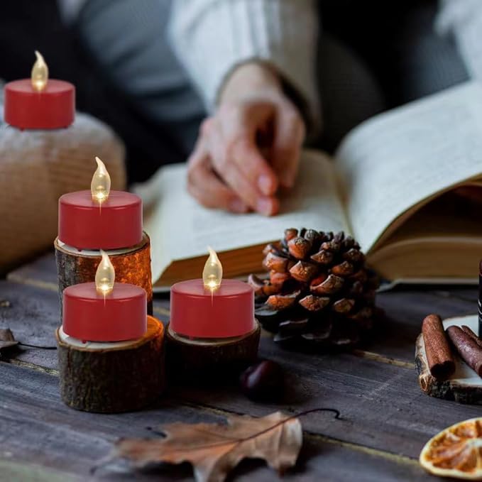 Flameless Tea Lights Candles 100 Pack LED Battery Operated Electric Votive Fake Candles Realistic Flickering and 200+ Hours Long Lasting Bright for Celebrations Festivals (Red)