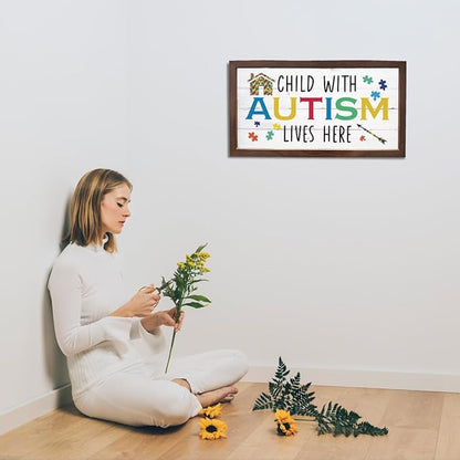 Autism Awareness Wood Sign, Decorative Wooden Wall Plaque, Autistic Decoration for Home Indoor Outdoor, Rustic Farmhouse Wall Decor, Child With Autism Lives Here Sign, 15×7.5×0.3 inches