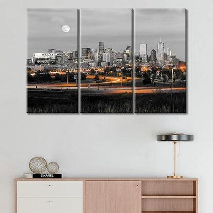 TUMOVO American Cityscape Wall Decor 3 Piece Denver Nighttime Lightscape Art Prints Wall Decor Living Room Beautiful Skyscrapers Skyline House Decor Framed Ready to Hang (36" Wx24 H)