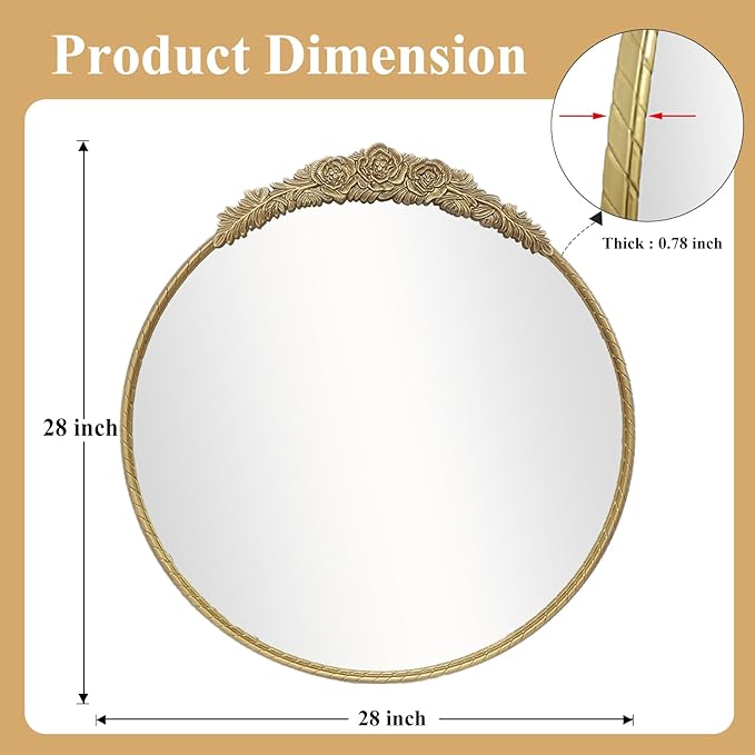 Growsun Round Wall Mirror with Vintage Gold Floral Frame – 28 Inch Decorative Wall Mirror for Living Room, Bedroom, Entryway, Bathroom Vanity – Elegant Antique Accent Home Décor