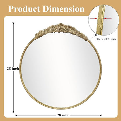 Growsun Round Wall Mirror with Vintage Gold Floral Frame – 28 Inch Decorative Wall Mirror for Living Room, Bedroom, Entryway, Bathroom Vanity – Elegant Antique Accent Home Décor