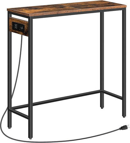 HOOBRO Narrow Console Table with Power Outlets, 29.5" Small Entryway Table with Charging Station, Thin Sofa Table, Side Table, for Hallway, Bedroom, Living Room, Rustic Brown and Black BF75UXG01