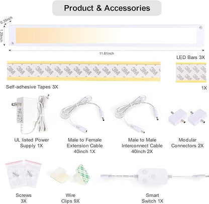 3pack 12inch Dimmable LED Under Cabinet Light Kit, 2700K to 6000K Smart LED Under Counter Lighting Fixture, Compatible with Alexa, Google Assistant, for Kitchen, Pantry, Shelf (White)