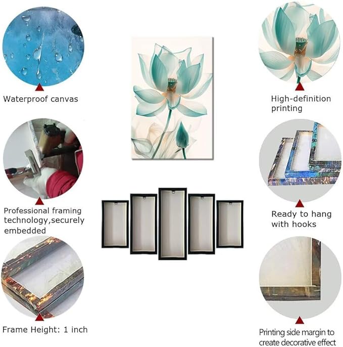 Wall HDQ Lotus Canvas Wall Art for Living Room White and Blue Flower Picture for Bathroom Home Decorations Print Painting Wall Decor Framed