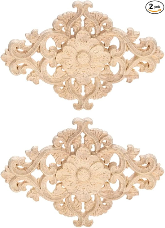 Wood Carved Appliques, 2Pcs Wooden Decorative Onlays, MUXSAM Unpainted Furniture Center Decals for Cabinet Dresser Bed Door Wall Wardrobe Ceiling Decoration Home DIY Project, 15x10.5cm/5.9"x4.13"