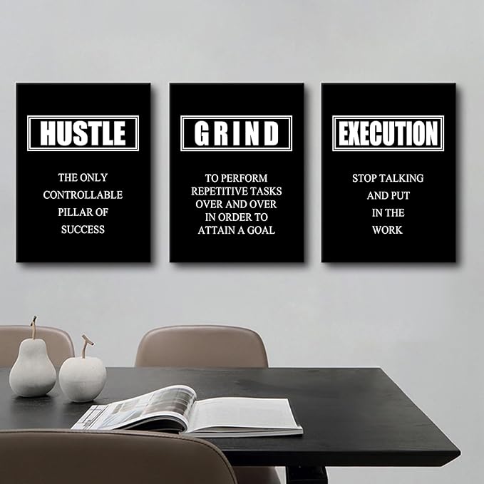 Hustle Grind Execution Inspirational Quotes Poster Motivational Wall Art Decoration Painting 3 Pieces Canvas Print Framed Stretched Artwork Modern Office Home Decor Ready to Hang [36''W X 16''H]