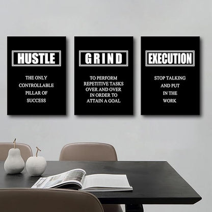 Hustle Grind Execution Inspirational Quotes Poster Motivational Wall Art Decoration Painting 3 Pieces Canvas Print Framed Stretched Artwork Modern Office Home Decor Ready to Hang [36''W X 16''H]