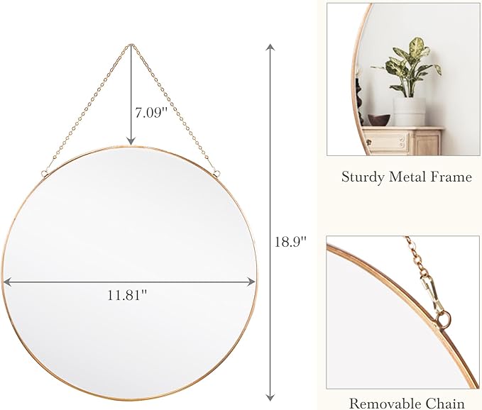 Dahey 11.8-inch Small Hanging Circle Mirror Wall Decor Gold Round Mirror with Hanging Chain for Office Bathroom Bedroom Living Room Dorm College, Gold