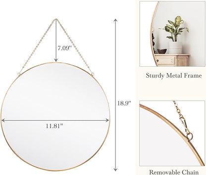 Dahey 11.8-inch Small Hanging Circle Mirror Wall Decor Gold Round Mirror with Hanging Chain for Office Bathroom Bedroom Living Room Dorm College, Gold