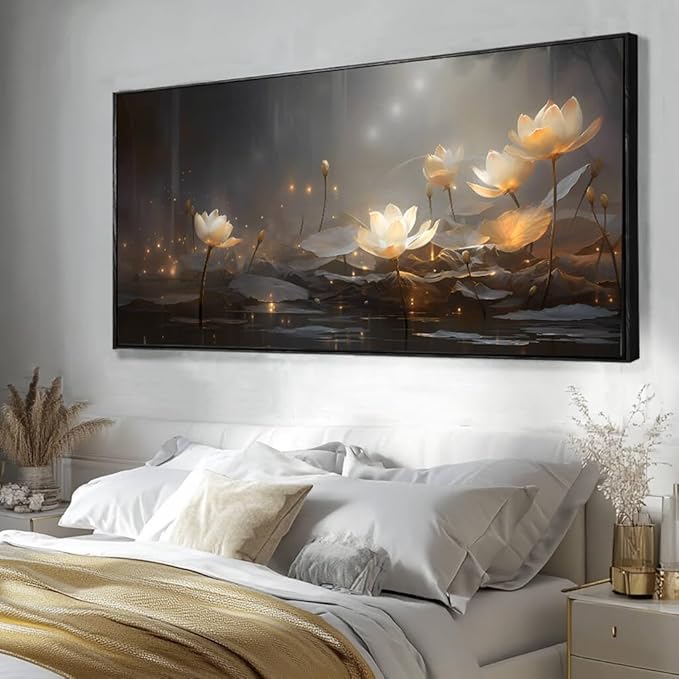 Flower Wall Decor Living Room Decor Modern Artwork 24"x 48" Gold and White Wall Art Floral Large Black Framed Plants Paintings Room Decor
