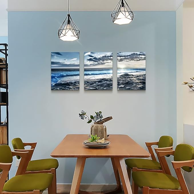 Canvas Wall Art for Living Room & Bedroom - Blue Beach Wall Pictures - Sun & Ocean Paintings - Office Wall Decoration - Seascape Poster Art Prints - Large Size - 20" X 28" - 3 Piece