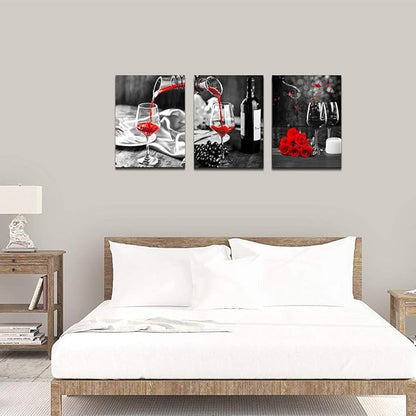 Kitchen Wall Art For Dining Room Wall Decor Still Life Black And White Canvas Art Prints Wine Barrel Bar Red Rose Painting Modern Family Wall Decorations Restaurant Bedroom Decor Artwork 3 Piece Set