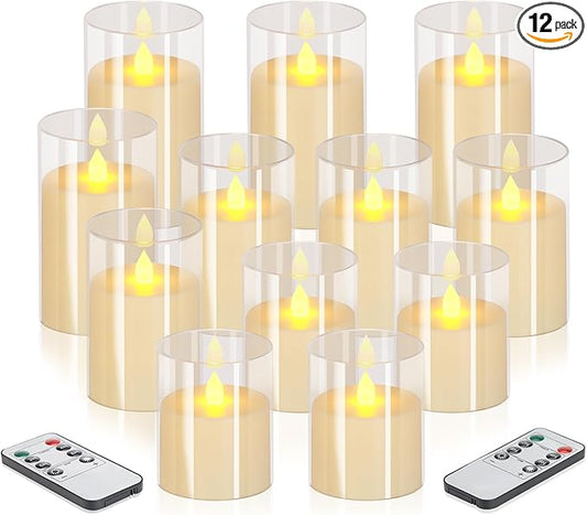 wemarry Flameless Candles 4" 5" 6" Acrylic Glass Pillars 3" Diameter Battery Operated Flickering Candles Include 8-Key Remote with Timer Function 400+ Hours (Pure White, Warm Light 12 Pack)