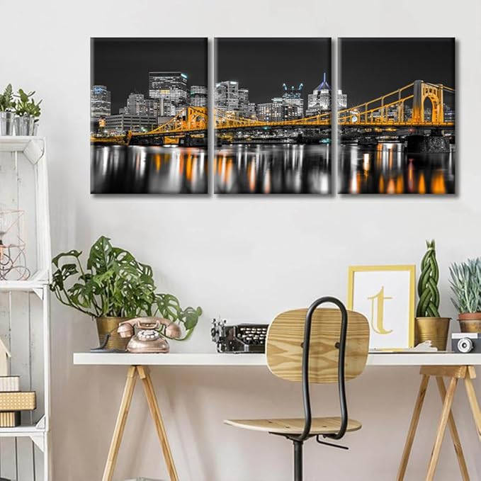 TUMOVO Pittsburgh Pennsylvania Cityscape Home Decor Art Prints Ninth Street Bridge Allegheny River Pictures Bathroom Decor Wall Art 3 Panel Artwork Framed Ready to Hang (36" Wx16 H)