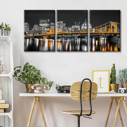 TUMOVO Pittsburgh Pennsylvania Cityscape Home Decor Art Prints Ninth Street Bridge Allegheny River Pictures Bathroom Decor Wall Art 3 Panel Artwork Framed Ready to Hang (36" Wx16 H)