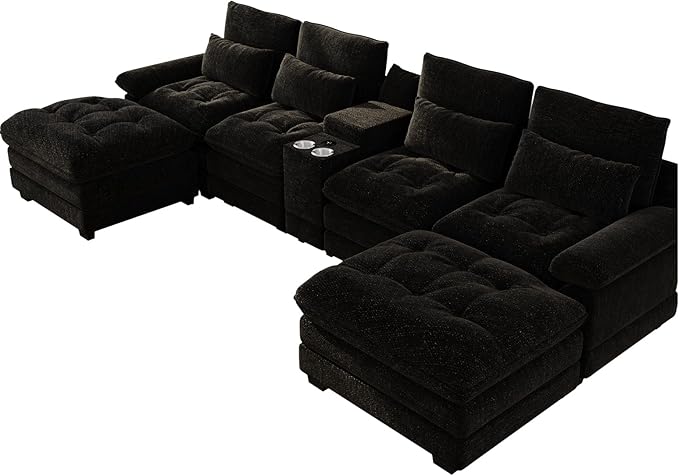 134"U Shaped Sectional Couches for Living Room, Oversized Modular Sectional Fluffy Couch with 2 Ottoman & Storage Console,Modern 6 Seat Living Room Sofa with Glitter Fabric,Tufted Buttons, Black
