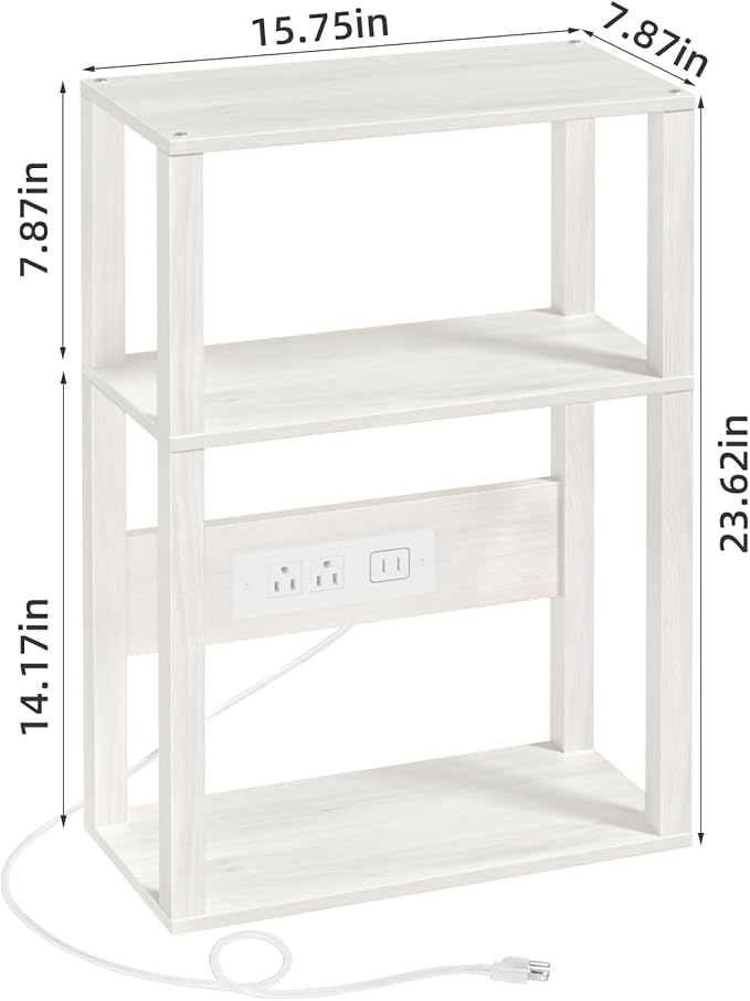 YUFAM 3 Tier Small Narrow Bamboo Side Table Set of 2 with Charging Station - Skinny Nightstand for Small Spaces, Slim Bedside Table with USB Ports and Outlets - Thin End Table with Storage, Grey White