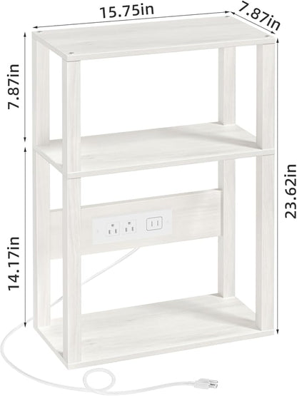YUFAM 3 Tier Small Narrow Bamboo Side Table Set of 2 with Charging Station - Skinny Nightstand for Small Spaces, Slim Bedside Table with USB Ports and Outlets - Thin End Table with Storage, Grey White