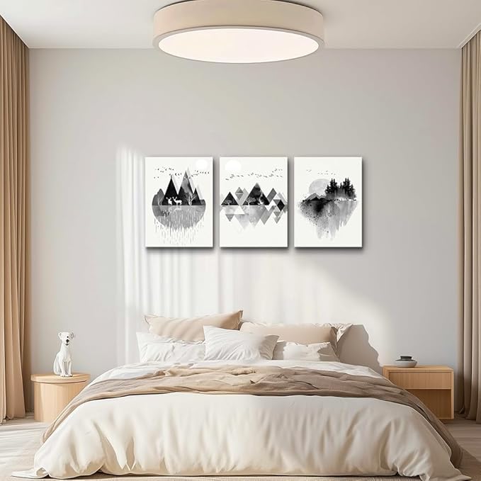 hyidecorart Canvas Wall Art For Living Room Wall Decor For Bedroom Office Decoration Black And White Abstract Wall Painting Geometry Mountain Prints Wall Pictures Artworks Room Home Decor 3 Piece