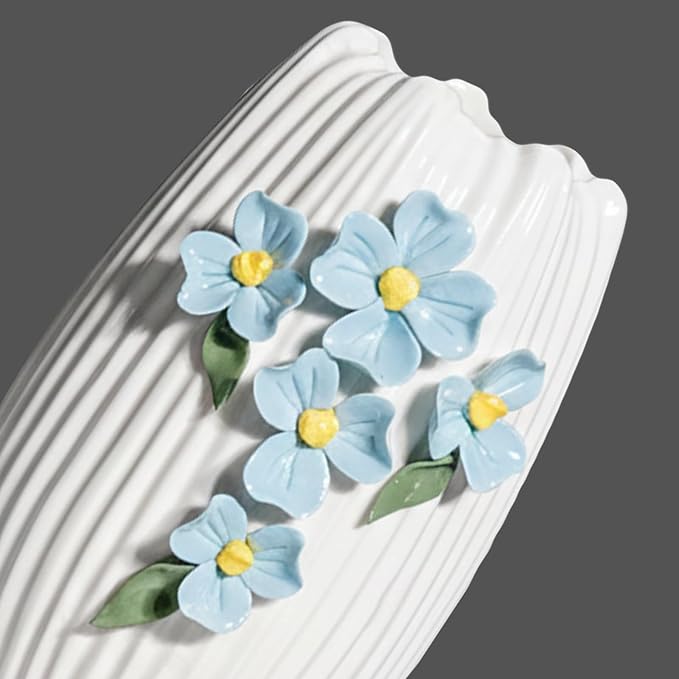 White Ceramic Vase - 7 inch Small Boho Vases Home Decor, 3D Floral Modern Vase for Pampas Grass, Centerpieces for Table, Kitchen, Living Room, Bathroom Decor