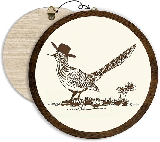 Xeqej Cowboy Roadrunner Hanging Wall Decor, Retro Cowboy Round Wooden Wall Art, Wild West Art, Trendy Western Boho Decorations for Apartment Home Dorm Living Room Bedroom Bathroom Kitchen Office, 07