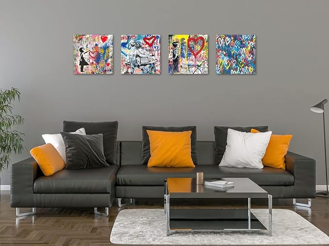 Biufo Banksy Canvas Wall Art Prints Pop Graffiti Street Art Pictures for Bedroom Living Room Wall Decor (12"x12"x4Pcs)