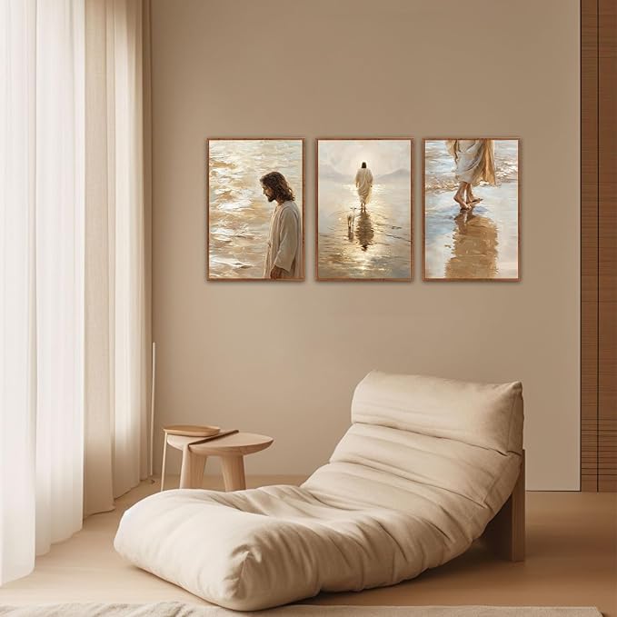 KAlRNE Jesus Walking On Water Wall Art Set of 3(16”X24”),Christian Bible Wall Decor,Neutral Spiritual Gold Framed Canvas Paintings,Lost Sheep Art Prints For Living Room Bedroom Church Office