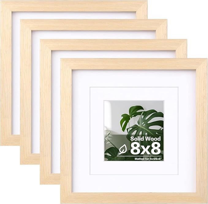 Egofine 8x8 Picture Frames Made of Solid Wood with Plexiglass, Display Pictures 4x4/6x6 with Mat or 8x8 Without Mat Set of 4 for Tabletop and Wall Mounting, Oak Wood