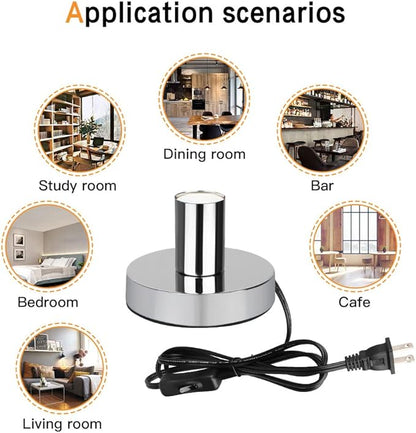 Helunsi Industrial Table Lamp Base, Silver E26 E27 Lamp Base Without Shade, Mini Short Desk Lamp Exposed Bulb Base, Simple Metal Edison Light Bulb Stand, with 5.8ft Cord Switch Plug Bulb Base Holder