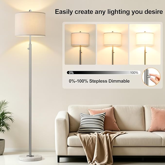 【Upgraded】 Dimmable Floor Lamp for Living Room, 11W LED Bulb Included, Modern Standing Lamp with Marble Base, Tall Pole Light with Linen Shade for Bedroom Reading Office Corner Nursery-Brushed Nickel