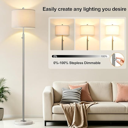 【Upgraded】 Dimmable Floor Lamp for Living Room, 11W LED Bulb Included, Modern Standing Lamp with Marble Base, Tall Pole Light with Linen Shade for Bedroom Reading Office Corner Nursery-Brushed Nickel