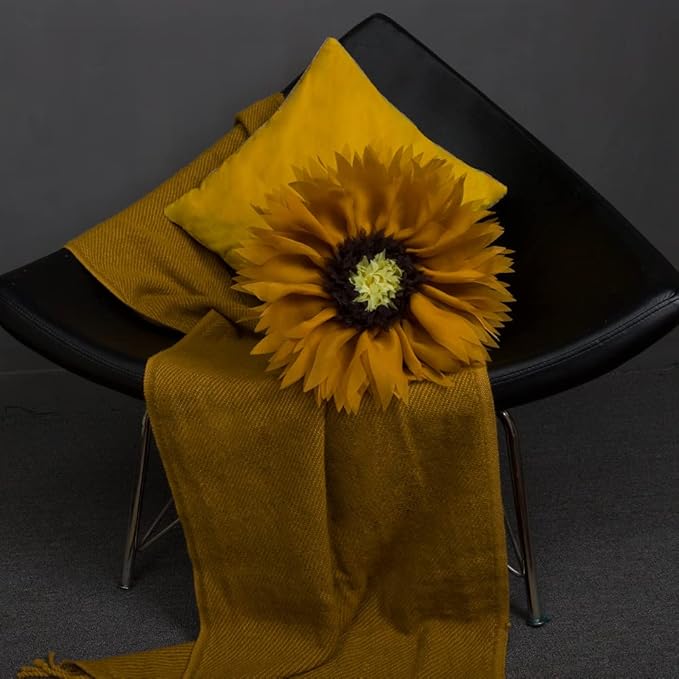 Mustard Yellow 3D Sunflower Round Decorative Throw Pillow Handcrafted Cute Elegant Flower Accent Pillow Boho Farmhouse Floral Cushion for Bed Couch Car Living Room Bedroom Home Decor 14Inch