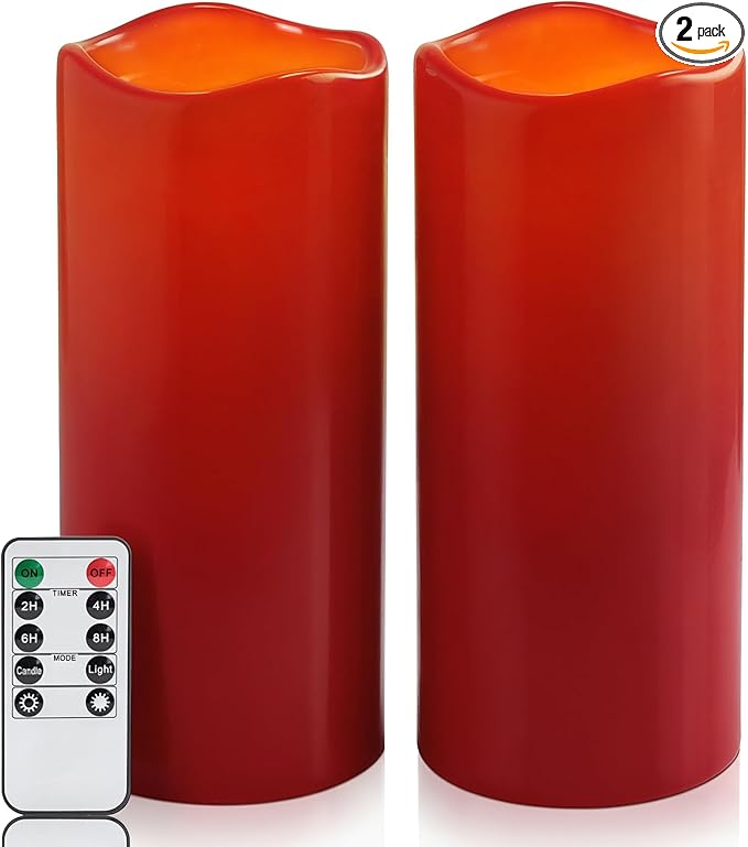 Homemory 4"x10" Burgundy Flameless Candles, Red Candles, Outdoor Waterproof Flameless Candles with Remote and Timers, Battery Operated LED Pillar Candles, Christmas Decor, Won't Melt Plastic, Set of 2