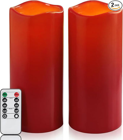 Homemory 4"x10" Burgundy Flameless Candles, Red Candles, Outdoor Waterproof Flameless Candles with Remote and Timers, Battery Operated LED Pillar Candles, Christmas Decor, Won't Melt Plastic, Set of 2