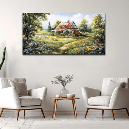 QIYILEXWART Canvas Wall Art For Living Room Large Wall Decor For Office Bedroom Decorations Grassland Pictures The Hut Paintings Modern Inspiration Artwork Room Ready To Hang