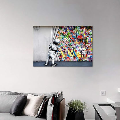 Banksy Street Art Child Colorful Graffiti Posters Printing Pop Artwork Behind The Curtain Graffiti Canvas Paintings Art Wall Decor for Living Room Modern Home Decor Framed(16''W x 12''H)