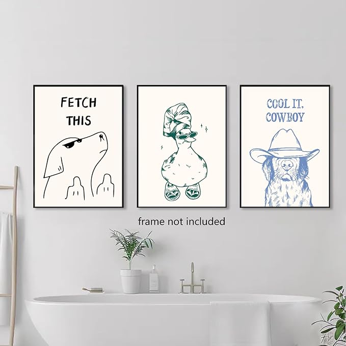 Funny Animal Bathroom Wall Art Set of 3, Cute Funky Dog and Duck Canvas Prints Posters, Simple Fashion Modern Farmhouse Animals Picture for Kids Room Dorm Living Room Wall Decor 16x24 Inch Unframed